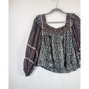 Free People Womens Top Gray Mostly Meadow Blouse Aztec Babydoll Boho Medium thumbnail 6