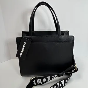 Karl Lagerfeld Paris Black Leather Graffiti Tote Bag‎ Crossbody Strap thumbnail 3