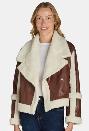 Madden NYC Brown Faux Leather & Sherpa Moto Jacket Size XXS thumbnail 1
