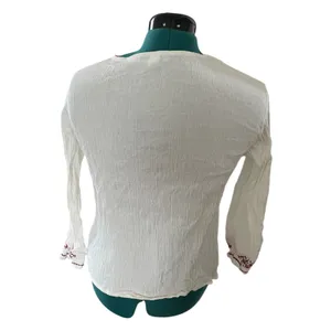 Vintage Ivory/Burgundy Embroidered Lace Up Peasant Crinkle Long Sleeve Top Boho thumbnail 2