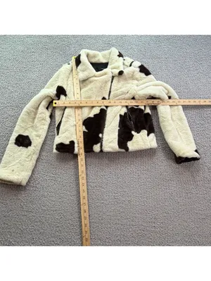 Forever 21 Womens Cow Print Faux Fur Cropped Moto Jacket Biker Zip Cream Brown S thumbnail 3