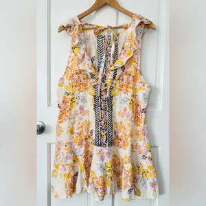 Free People Summer In Tulum Linen Mini Dress Tunic Ivory Floral Size M thumbnail 4