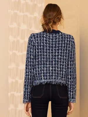 NWOT Hale Bob Amelie Genoveva Boucle Cardigan size large navy white fringe thumbnail 3