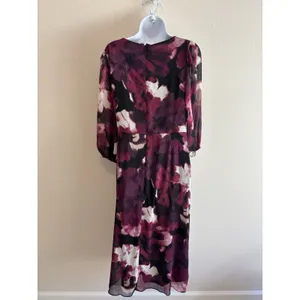 DKNY Size 8 Abstract Floral Balloon Sleeve Faux Wrap Dress - Magenta &‎ Plum thumbnail 7