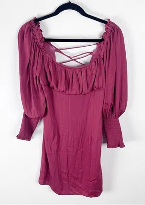 ALTAR’D STATE Satin Blousin Back Lace Tie Long Sleeves Dress Medium Milkmaid thumbnail 1