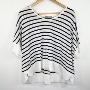 Zara Black White Striped Half Sleeve Scoop Top L thumbnail 1