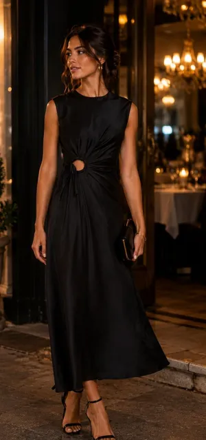 House of Harlow Elegant Black Sleeveless Maxi Satin Slip Dress with Front Twist thumbnail 1