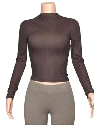 Kookai Lily Long Sleeve Ribbed Knit Mock Turtleneck Top, Ganache, FR36/US4 thumbnail 3