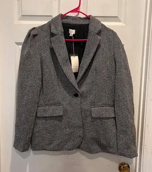 A New Day Womens Black White Tweed Puffed Shoulder Single Button Blazer Size 14 thumbnail 1