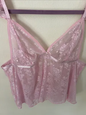 Dolls Kill Avidlove pink, sheer, floral lace, coquette, ruffle baby doll crop tank S thumbnail 2