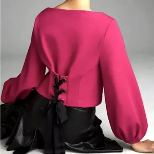Maeve Top Women XS Pink Great Lace Up Back Puff Sleeve Crop Boat Neck thumbnail 3