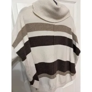 LOFT Womens Striped Cowl Neck Poncho Sweater‎ Cream Brown Tan Small thumbnail 5