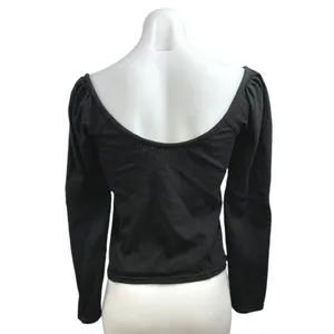 Free People Women's Black Long Puff Sleeve Scoop Neck Button Up Blouse Top Sz M thumbnail 2