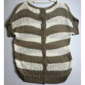 Forever 21 Women Brown White Striped Open Knit Button Back Sweater Medium thumbnail 4