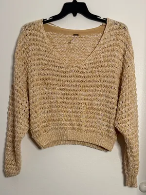 Free People Open-Knit Scoop Neck Sweater in Beige thumbnail 1