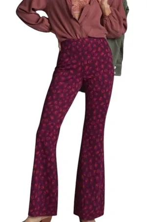 Anthropologie Porridge Flared Ponte Pull-On Pants Wine Burgundy Ditsy Floral XL thumbnail 1