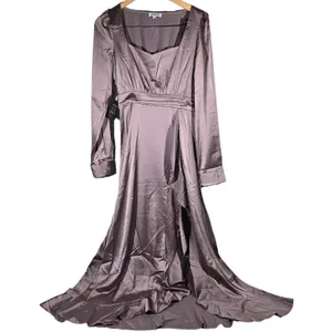 AREA‎ STARS Lavender Satin Ruffle Slit Long Dress Square Neck Long Sleeve S thumbnail 1