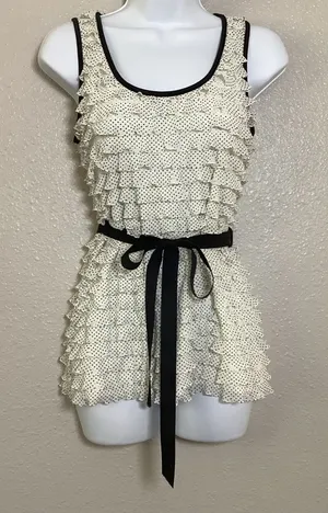 A'Gaci Vintage Y2K Polka Dot Ruffle Retro Preppy Twee‎ Stretch Bow Detail Blouse L thumbnail 1