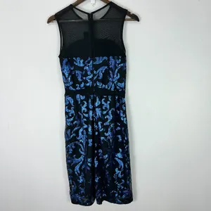 The Limited Cocktail Dress‎ Womens 6 Black Blue Sequin Damask Mesh Illusion Neck thumbnail 6