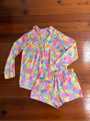 Show Me Your Mumu Colorful Conversation Hearts Silky Pajama Set Sz S 💛🍄 thumbnail 2