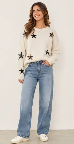 Rails Cream Star Print Crew Neck Sweater Womens M Preppy Classic Casual Cozycore thumbnail 1