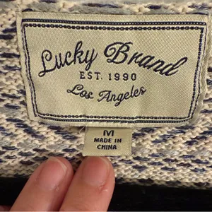 Lucky Brand Geometric Navy and Cream Cardigan Women's Medium VTG thumbnail 2