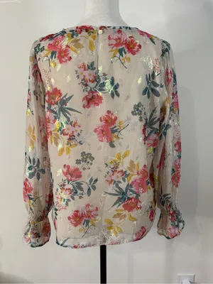 LOFT Floral Metallic Shimmer Ruffle Cuff Blouse Cream Pink M thumbnail 6