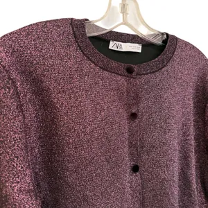 Zara Metallic Knit Cardigan Women's Medium Purple‎ Party Cropped Holiday Glam thumbnail 3