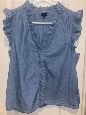 J Crew Sleeveless Chambray Ruffle Top With V Neck And Ruffled Trim Along Sleeves thumbnail 1