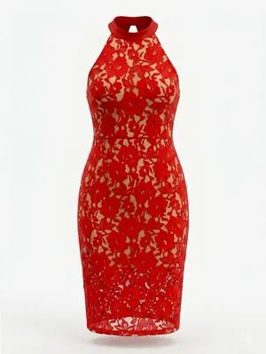 ABS Allen Schwartz Red Floral Lace Halter Dress Sheath Cocktail Wedding Guest 4 thumbnail 2