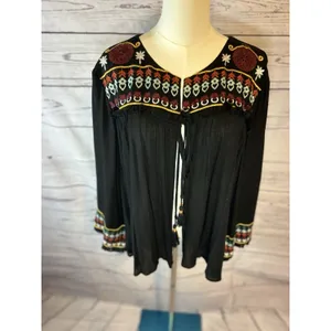 Boho Embroidered Black Fringe Tassel Cape Top Size L thumbnail 2