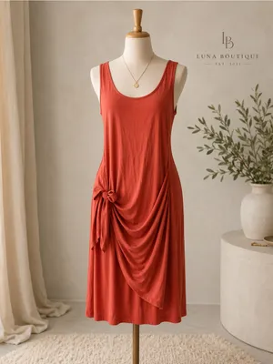 Stylish Rust Orange Sleeveless Draped Women’s Dress thumbnail 4