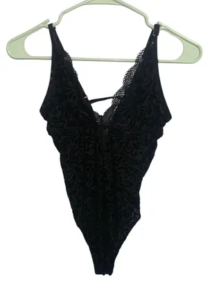 Ambrielle Black Mesh Lace-Trimmed Velvet Bodysuit Thong thumbnail 1