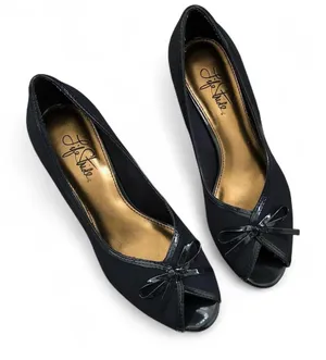 90s Y2K 2000s open peep toe pumps kitten heels mary jane bow preppy dark academia mod teacher office siren core Navy Blue #coquette #feminine #grunge Size 6M thumbnail 1