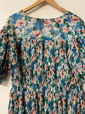 NWT Ganni Floral Pleated Georgette Blue V-Neck Puff Sleeve Midi Dress 40, Large thumbnail 9