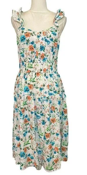NWOT Linen Dress Blue Orange Floral Midi New Ruffle Sleeveless thumbnail 1