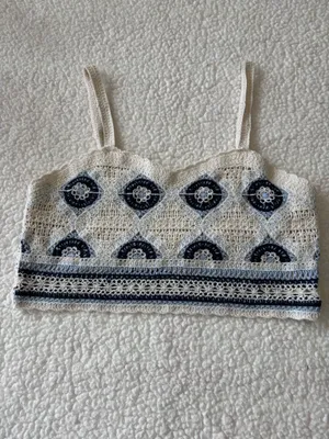 Rebellion Boho Y2K Geometric Crochet Crop Tank Cami Top Blue Cream Size Small thumbnail 2