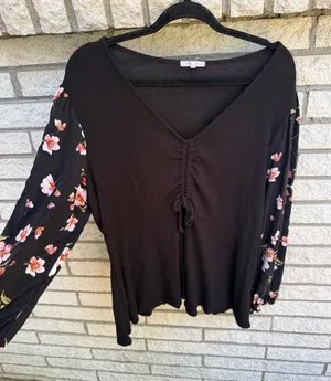 Maurices Black V-Neck Long Sleeve Top with Pink Floral Sleeves thumbnail 1
