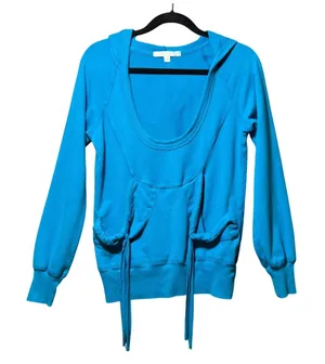 Vintage Y2K Karen Kane Turquoise Blue‎ Scoop Neck Drawstring Hoodie Sweatshirt M thumbnail 1