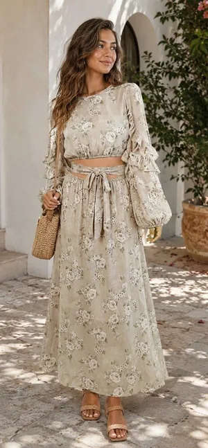 En Saison Calista Cut Out Floral Maxi Dress in Taupe Sage Small thumbnail 1