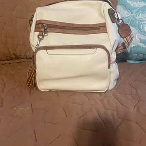 White and Brown Backpack with Textured Material and Multiple Compartments thumbnail 2