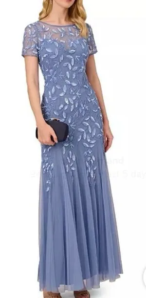 Adrianna Papell Dusty Blue Women's Floral-Beaded Gown thumbnail 1