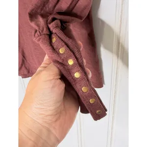 Nation LTD Womens Mahogany Brown Slub Cotton V-Neck Puff Sleeve Top Gold Snaps S thumbnail 4