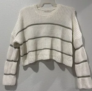 moon & madison Cream and Olive Striped Cropped Oversized Sweater Size L thumbnail 1