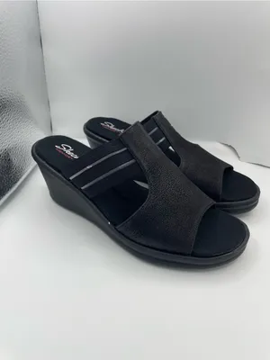 Skechers wedge platform cushion black sandals women’s Size 9 thumbnail 12