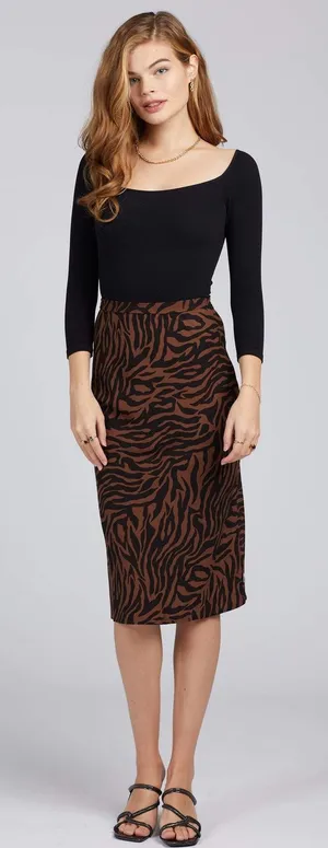 BRIXTON Helena Midi Skirt High Waist Black‎ Brown Zebra Animal Print Medium M thumbnail 1