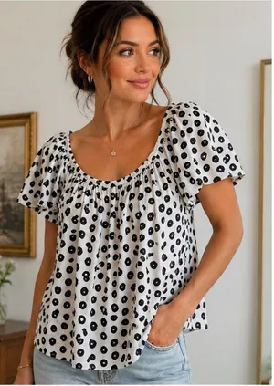Maeve Anthropologie Polka Dot Peasant Blouse Medium Black White Puff Sleeve Top thumbnail 1