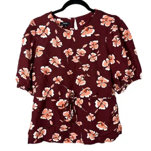 Alfani Linen Floral Burgundy Boho Bohemian Modest High Neck Blouse Size Medium thumbnail 8