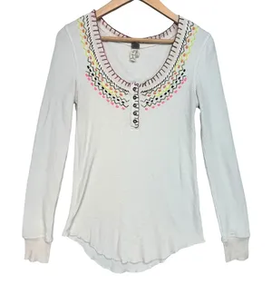 We The Free Free People White Waffle Knit Embroidered Henley Thermal Top‎ Large thumbnail 1