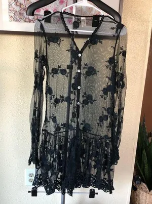 Gypsies Junkies Black Lace Long Sleeves Sheer Dress M thumbnail 1